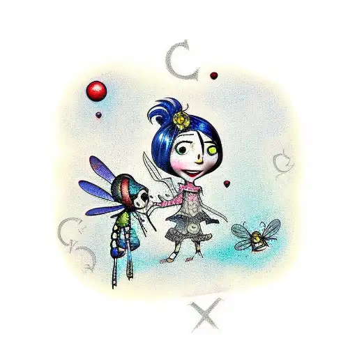 coraline inspired key and dragonfly  tattoo design idea