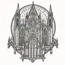 Gothic cathedral with server-themed stained glass windows tattoo design idea