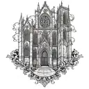Gothic cathedral with server-themed stained glass windows tattoo design idea