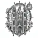 Gothic cathedral with server-themed stained glass windows tattoo design idea