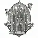 Gothic cathedral with server-themed stained glass windows tattoo design idea