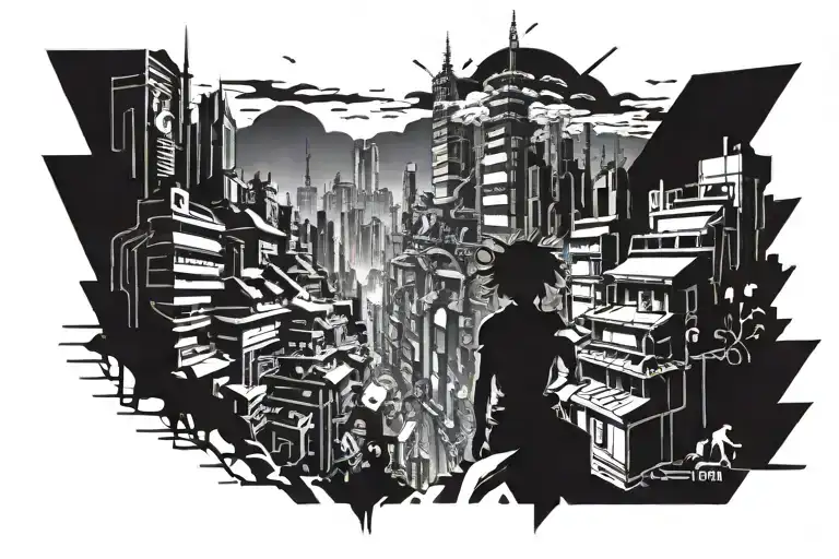A futuristic cyberpunk cityscape with characters from my hero academia and demon slayer battling it out tattoo design idea