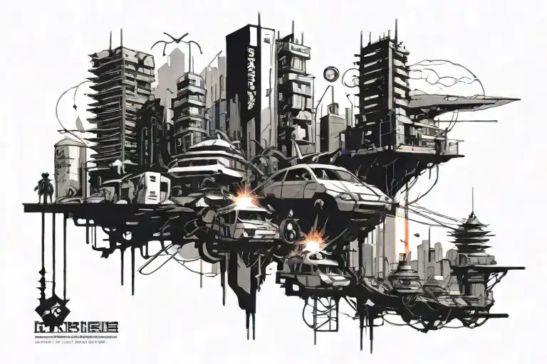 A futuristic cyberpunk cityscape with characters from my hero academia and demon slayer battling it out tattoo design idea