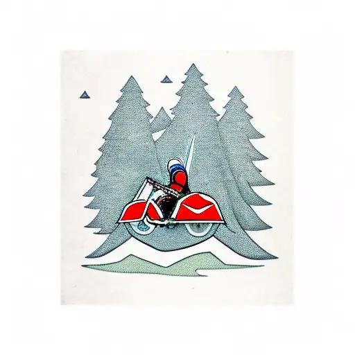A medieval knight riding a motorcycle through a forest of trees tattoo design idea