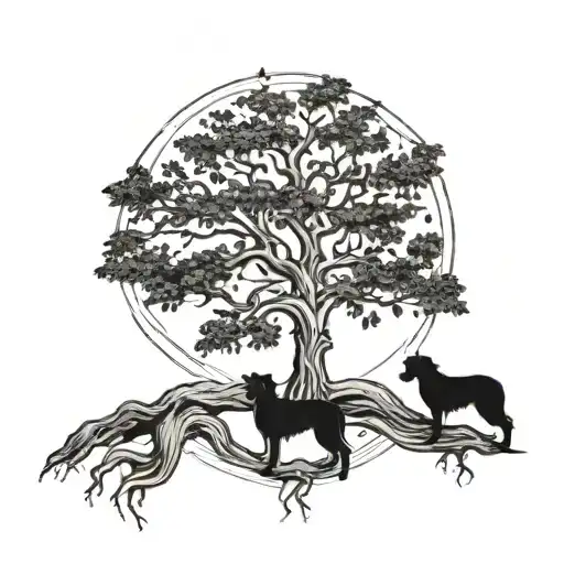 A blackwork tattoo of a majestic tree with a border collie resting at its roots, symbolizing the client's connection to nature and love for outdoor walks tattoo design idea
