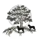 A blackwork tattoo of a majestic tree with a border collie resting at its roots, symbolizing the client's connection to nature and love for outdoor walks tattoo design idea