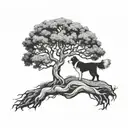 A blackwork tattoo of a majestic tree with a border collie resting at its roots, symbolizing the client's connection to nature and love for outdoor walks tattoo design idea