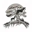 A blackwork tattoo of a majestic tree with a border collie resting at its roots, symbolizing the client's connection to nature and love for outdoor walks tattoo design idea