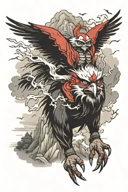 Red-faced tengu surrounded by eight mountains tattoo design idea