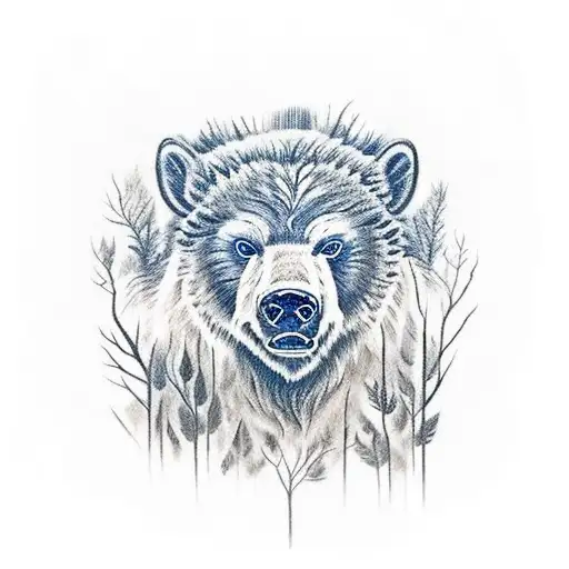 forest, stag, buffalo with fire in eyes, grizzly walking in woods tattoo design idea