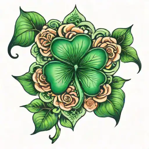 green shamrock on a bed of roses tattoo design idea