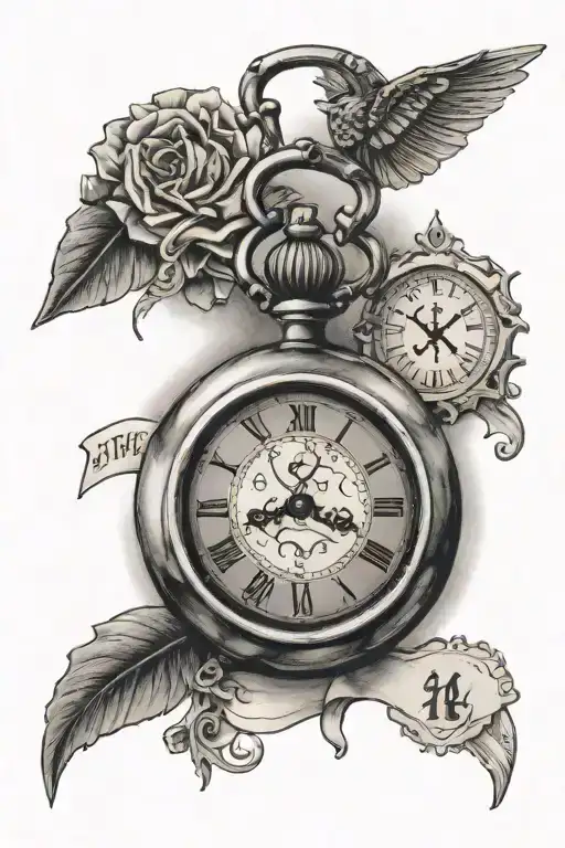 Anaya spelt in scrabble tiles with time of birth pocket watch showing 10.04 PM tattoo design idea