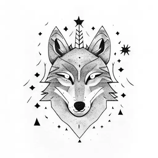 A dark forest in night with stars and in the sky is a wolf head tattoo design idea
