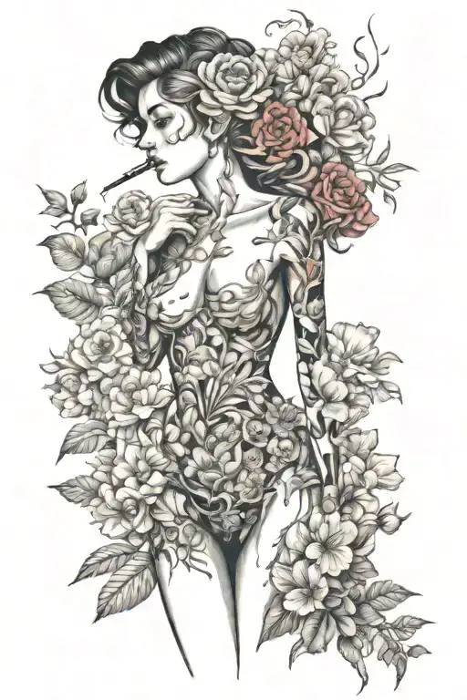 lesbian women in various revealing positions. Fill in white space with smoke and flowers  tattoo design idea