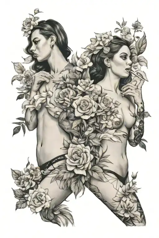 lesbian women in various revealing positions. Fill in white space with smoke and flowers  tattoo design idea