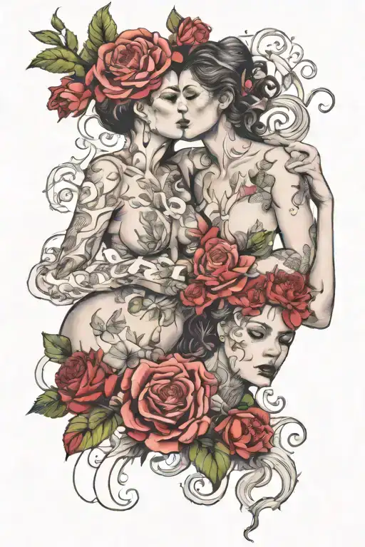 lesbian women in various revealing positions. Fill in white space with smoke and flowers  tattoo design idea