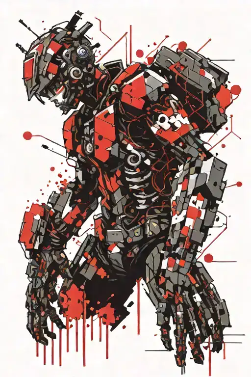 A pixelated video game character incorporating elements of AI technology tattoo design idea