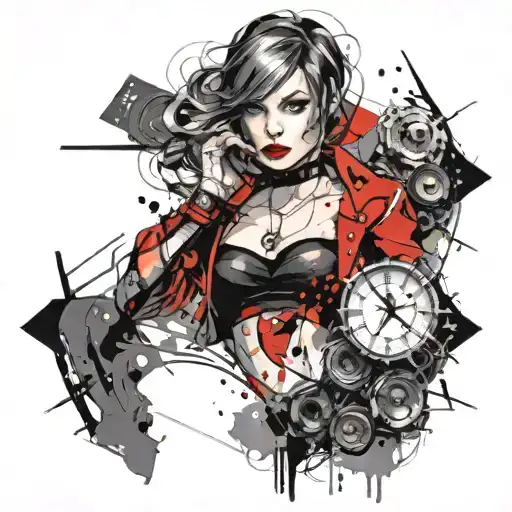 A sexy femme fatale character from a movie or comic book, with a hidden tech gadget as part of her design tattoo design idea