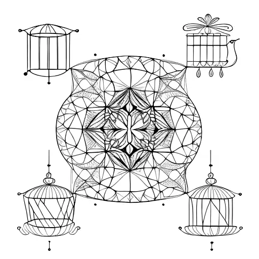 Bird in cage made of intricate geometric patterns tattoo design idea