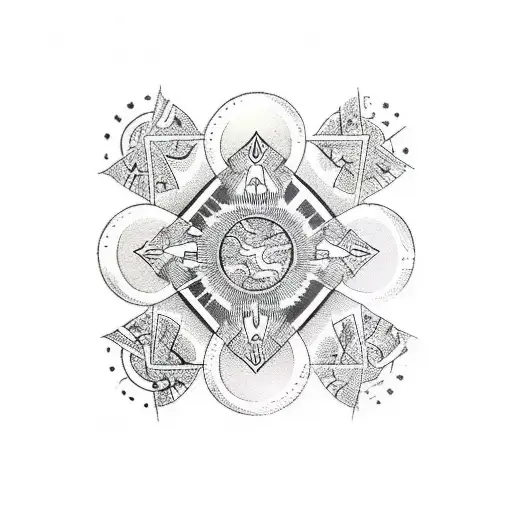 Chaos Sphere with eight arrows emerging centrically in symmetry  tattoo design idea