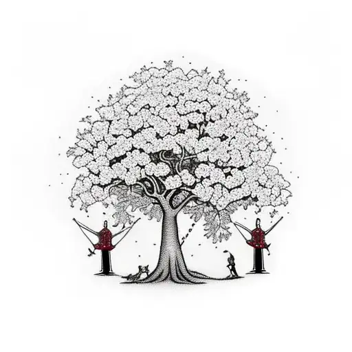 blossom tree with celtic band in the middle. add a quote Go mbeire muid beo ar an am seo arís tattoo design idea