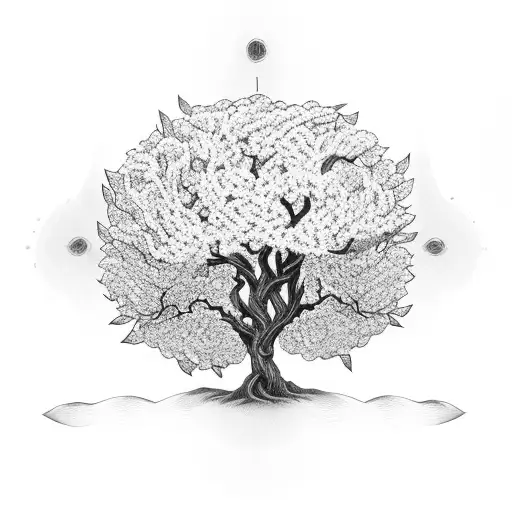 blossom tree with celtic band in the middle saying Go mbeire muid beo ar an am seo arís tattoo design idea