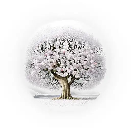 blossom tree with celtic band in the middle saying Go mbeire muid beo ar an am seo arís tattoo design idea