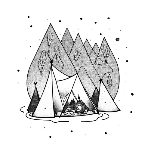 man camping below mountains with bon fire, stars in the sky,  tattoo design idea