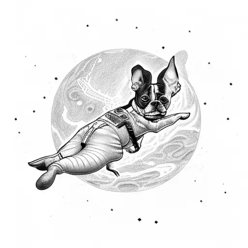 boston terrier in astraunaut suit flying on a planet tattoo design idea
