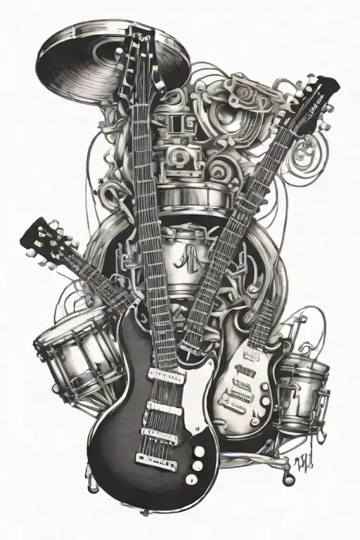 a guitar neck, a bass guitar neck, a snare drum with drumsticks and the phrase Rythm rhyme and reason tattoo design idea