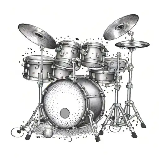 An intricate drum set with musical notes floating around, representing your passion for playing drums tattoo design idea