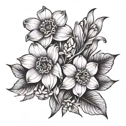 A geometric arrangement of daffodil and daisy flowers intertwined with a 4 leaf clover tattoo design idea