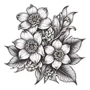 A geometric arrangement of daffodil and daisy flowers intertwined with a 4 leaf clover tattoo design idea