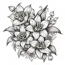 A geometric arrangement of daffodil and daisy flowers intertwined with a 4 leaf clover tattoo design idea