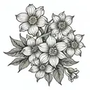 A geometric arrangement of daffodil and daisy flowers intertwined with a 4 leaf clover tattoo design idea