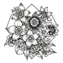 A geometric arrangement of daffodil and daisy flowers intertwined with a 4 leaf clover tattoo design idea