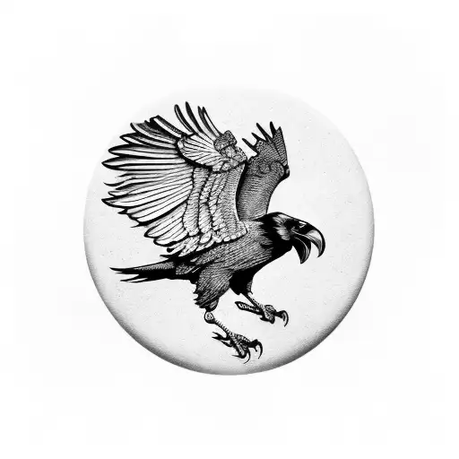 majestic and detailed raven in blackwork style, depicted in a realistic approach, standing on a basketball. The raven we tattoo design idea