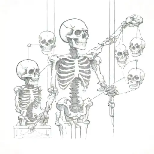 A marionette puppeteer controlling a line of skulls like a puppet show tattoo design idea