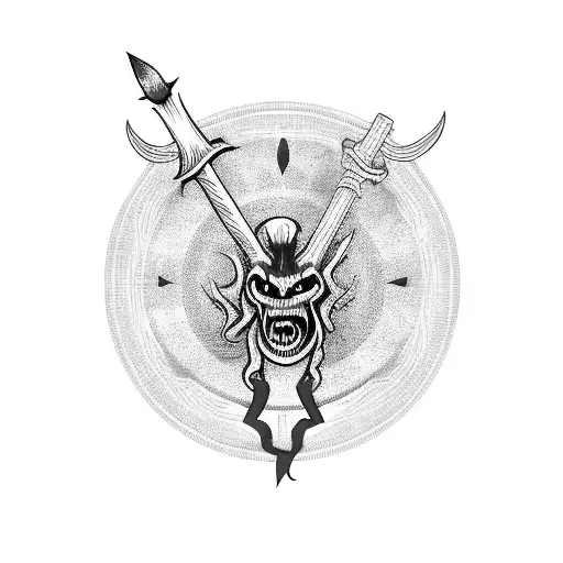 vertical demon holding 2 axes with red fire in eyes tattoo design idea