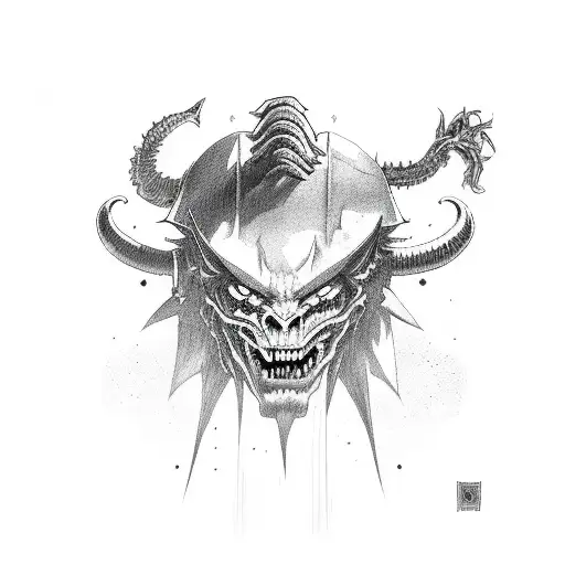 long vertical demon holding 2 battleaxes tattoo design idea