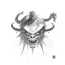 long vertical demon holding 2 battleaxes tattoo design idea