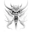 long vertical demon holding 2 battleaxes tattoo design idea