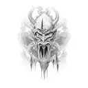 long vertical demon holding 2 battleaxes tattoo design idea