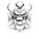 long vertical demon holding 2 battleaxes tattoo design idea