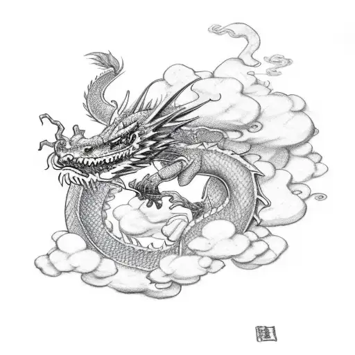 dragon with anime clouds and flowers tattoo design idea