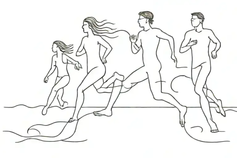 one line that shows the shore and ocean with one figure in the ocean and three figures running on the short tattoo design idea