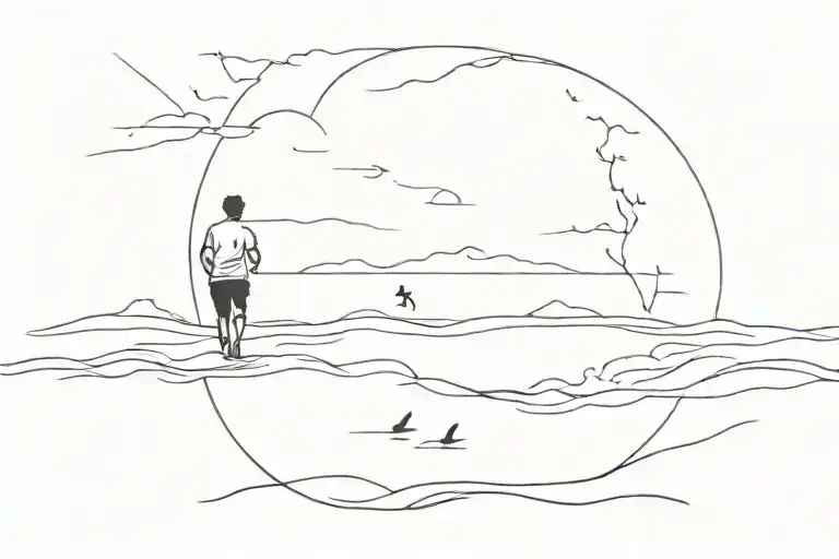one line that shows the shore and ocean with one sihouette figure in the ocean and sihouettes running on the short tattoo design idea
