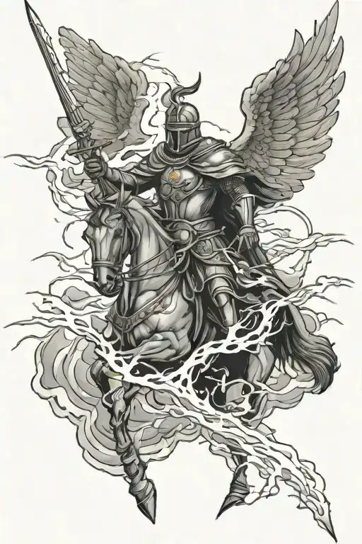 A storm cloud with intricate lightning bolts striking down, with a silhouette of a kneeling knight statue tattoo design idea