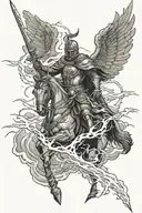 A storm cloud with intricate lightning bolts striking down, with a silhouette of a kneeling knight statue tattoo design idea