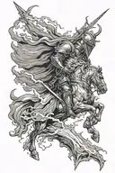 A storm cloud with intricate lightning bolts striking down, with a silhouette of a kneeling knight statue tattoo design idea